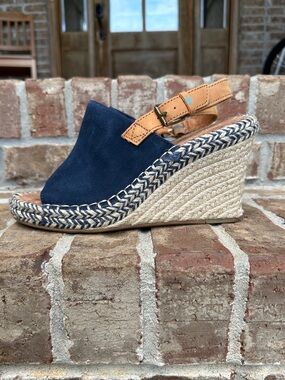 TOMS Women's Monica Open Toe Espadrille Slingback Wedge Navy Suede Size 8M